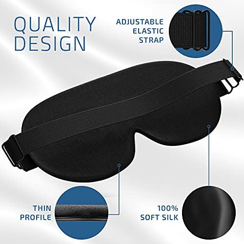 Silk Sleep Eye Mask for Men Women, Comfortable Super Soft Eye Mask with Adjustable Strap, 100% Pure Silk, Blocks Light, Jersey Slumber (Black, 1 Count (Pack of 2))