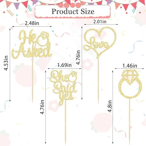 12 Pcs He Asked She Said Yes Cupcake Toppers, Glitter Diamond Ring Heart Love Cake Picks Suitable for Wedding Engagement Bridal Shower Theme Party Cake Decorations Supplies - Gold