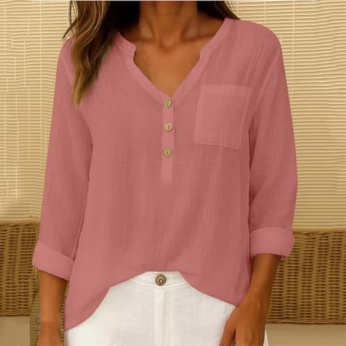 SMIDOW Womens Cotton Linen Tops Spring Fashion 2026 Long Sleeve v Neck Button Shirts Casual Loose Summer Tunic Blouses