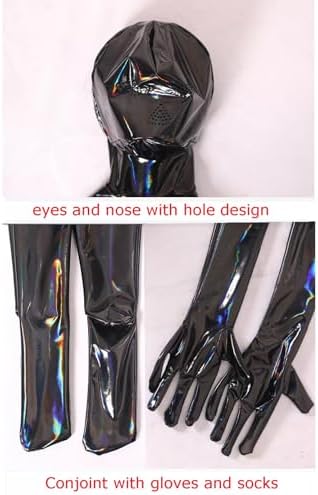 Men's Wetlook PU Leather Bodysuit with Sheath Back with Zipper Full Body Cat Suit with Gloves