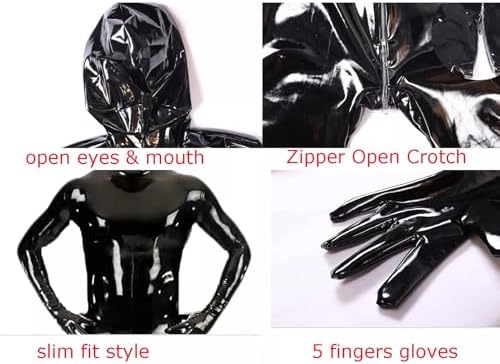 Men's Shiny Wetlook PVC Leather Catsuit Back with Zipper Handmade Full Bodysuit Clubwear Attached Gloves