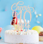 Cheers to 10 Years Cake Topper - Rose Gold Glitter Children's 10th Birthday Cake Decorating Supplies - Blessed 10 Years Wedding, Anniversary Party Decorations, Photo Booth Props