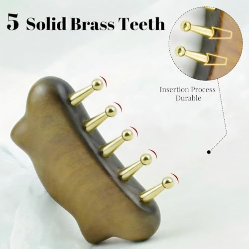 Sandalwood Meridian Massage Comb, 5 Copper Wide Tooth Design, Natural Wood Handle, for Scalp Acupuncture, Hair Growth, Body Relaxation, Travel Size