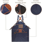 Cross Back Canvas Aprons With Pockets |Adjustable Leather Strap|Work Apron|Chef Apron|Woodworking, Grilling