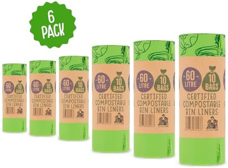 Eco Green Living 100% Compostable Biodegradable Bin Liners 60L Bin Bags For Food Waste, Kitchen Tall Bin Liners, Vegan, Strong, Leakproof, BPA Free, Recyclable, 6 Rolls, 60 Bags
