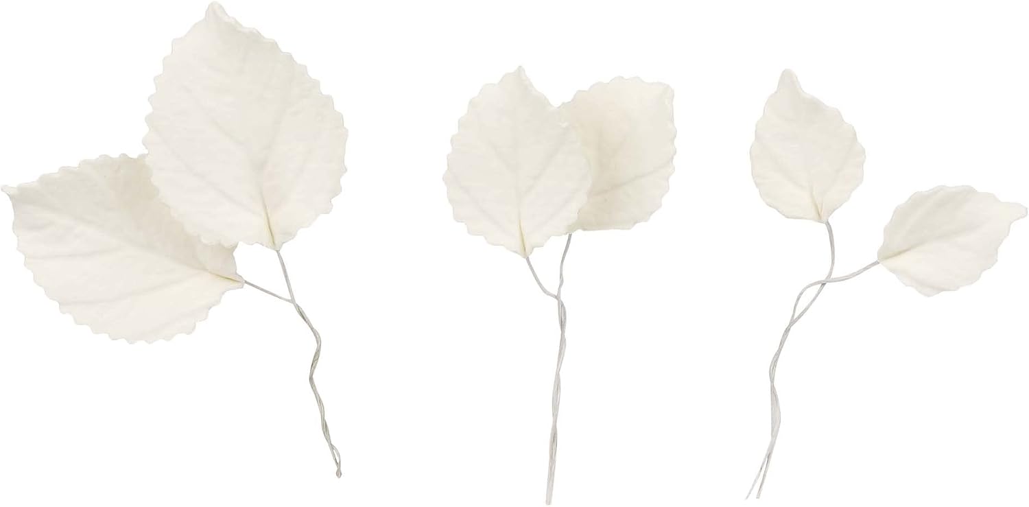 O'Creme White Gumpaste Rose Leaves, Sugar-Flower Leaves - Edible Flowers for Cake Decorating - Sugar Paste Flower Decorations for Cakes, Cupcake Toppers - 3 sizes, 6 of each size, = 18 pieces