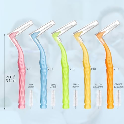 100pcs Interdental Brushes, 5 Sizes Braces Brush Set Soft Dental Brushes with Non-Slip Handle Angled Head Tooth Picks Floss Sticks Dental Floss Brushes for Braces Oral Cleaning