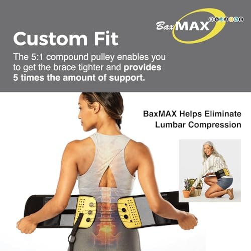 BaxMAX Adjustable Back Brace with 5-to-1 Compression Pulley System for Lumbar Support & Back Pain - Immediate Relief from Sciatica, Scoliosis, Bulging/Herniated Disc - Lightweight/Breathable, Medium
