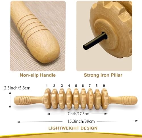 Manual Massager Wooden Handheld Roller Trigger Point Massager Stick for Fascia, Cellulite, Muscle & Abdomen, Body Therapy Massager, Muscle Belly Relief Tool, Natural Wood
