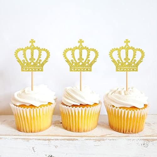 Ercadio 24 Pack Crown Cupcake Toppers Gold Glitter Prince Royal Crown Cupcake Picks King Crown Cupcake Decors for Prince Theme Baby Shower Party Decoration Supplies