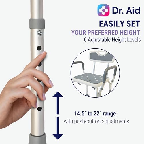 Dr. Aid Shower Chair for Inside Shower - 400 lbs, 6-Height Adjustable Shower Bench with Arms & Back for Adults, Seniors & Disabled - Tool-Free Assembly, Anti-Slip Bathroom Seat for Tub & Small Showers