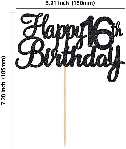 Gyufise 1Pack Happy 16th Birthday Cake Topper Black Glitter Cupcake Topper 16 Birthday Cake Decoration for Cheers to 16 Party Decoration