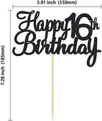 Gyufise 1Pack Happy 16th Birthday Cake Topper Black Glitter Cupcake Topper 16 Birthday Cake Decoration for Cheers to 16 Party Decoration