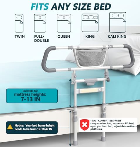 Foldable Bed Rails for Elderly Adults Safety - Bed Side Assist Rail for Seniors with Extendable Guard Rails & Storage Bag, Adjustable Height Bedrails for Queen King Full Size Bed