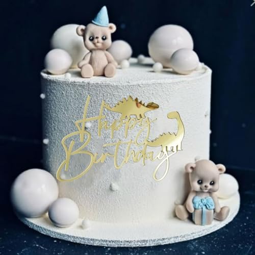 Acrylic Happy Birthday Cake Toppers Golden Dinosaur Sign Cake Toppers for Boys and Girls Baby Shower Kids Birthday Party Cake Decor Supplies