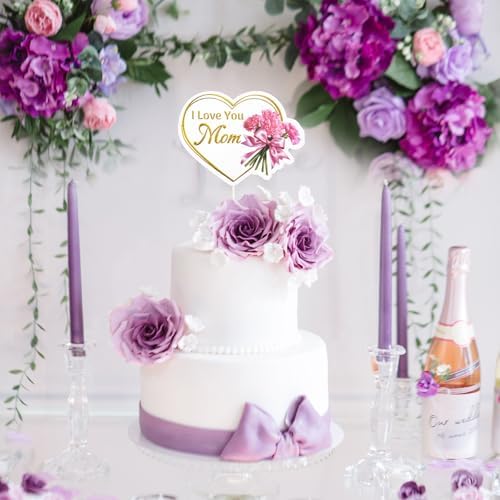 Happy Mother's Day Cake Topper Mothers Day Toppers 12 Pcs Cake Decoration Picks Sticks for Mom Mother Heart Flower Designs Gold Foil