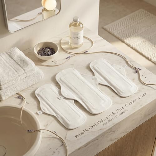 VALICLUD 3Pcs Washable Menstrual Pads Cotton Sanitary Napkins for Women Reusable Cloth Pads with Button Snap Comfortable Breathable for Period Postpartum Incontinence Travel