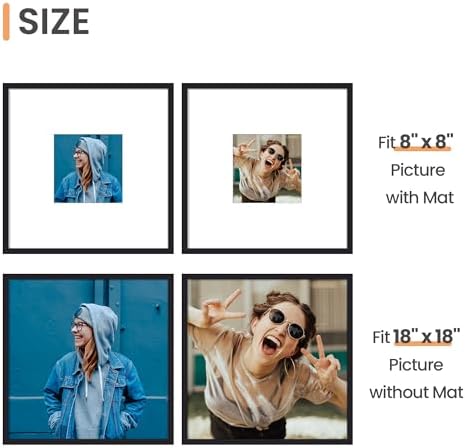 upsimples 18x18 Picture Frame, Display Pictures 8x8 with Mat or 18 x 18 Without, Wall Hanging Square Frames, Black, 1 Pack