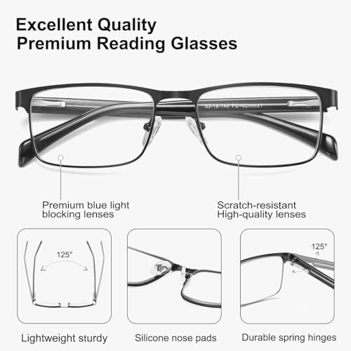EYECEDAR 5 Pack Premium Reading Glasses for Men Blue Light Blocking Metal Half Frame Spring Hinges Computer Readers for Men 1.75