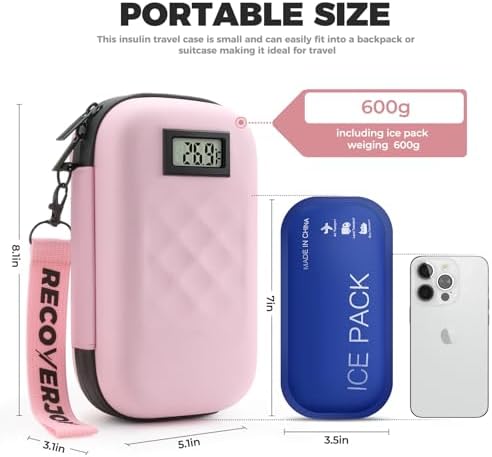 TSA Approved Insulin Cooler Travel Case Diabetic Medication Bag With Thermometer Temperature Display Medication Diabetic Cooler Travel Medicine Organizer Bag for women & 2 Ice Pack-Pink