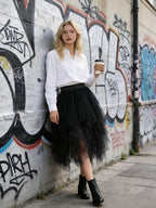 PUKAVT Tulle Skirts for Women High Waist Elastic Midi Skirt A-line Irregular Layered Mesh Tutu Skirts