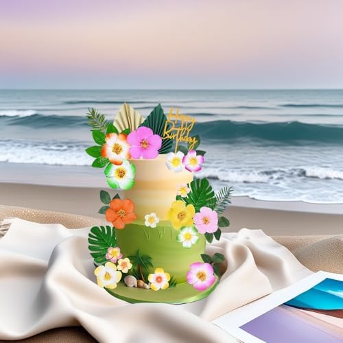 28 Pcs Hawaiian Flower Cake Toppers, Tropical Themed Cake Decorations with Flowers Palm Leaves Hibiscus for Hawaii Aloha Summer Beach Theme Wedding Birthday Party Supplies