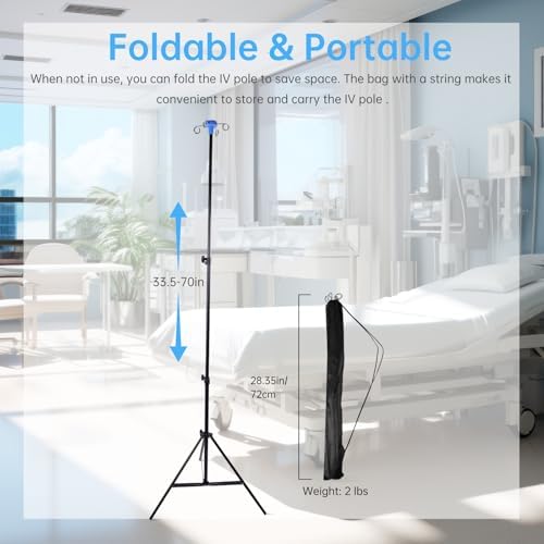 Foldable IV Pole with Portable Bag, Collapsible IV Pole Stand with 3 Nets for Drip Bag, Tripod IV Pole Stand Adjustable, 4 Hooks for Nursing Clinic Home Care Travel, Stable, Black, 1 Pcs