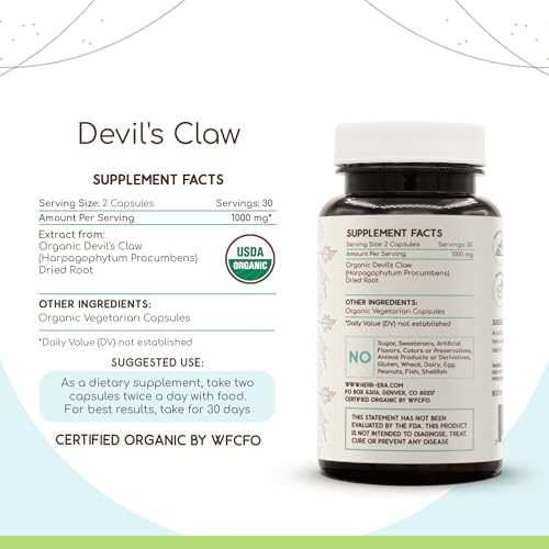 Devil's Claw USDA Organic 60 Capsules | Natural Herbal Supplement | Certified Organic Vegetarian Capsules and Organic Devil's Claw (Harpagophytum procumbens) Dried Root (60 Capsules)