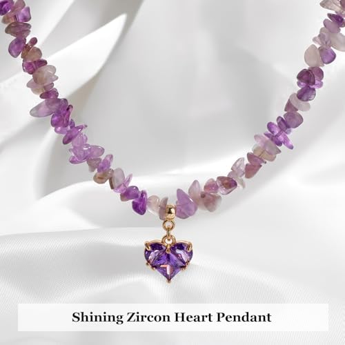 GolbalJew Healing Crystal Beaded Necklace Stone Chips Beads Heart Pendant Choker Necklaces for Women Gemstone Jewelry Gifts