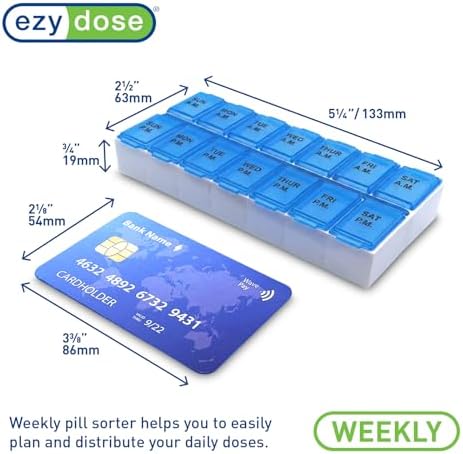 EZY DOSE Weekly AM/PM (7-Day) Pill Organizer, Medication Organizer Box for Daily Vitamins & Pills, Easy-Open Secure Pill Case for Travel & Home, Medium Compartments, Daily Dose Planner, Blue