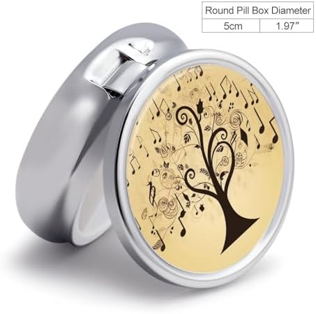 Round Musical Note Tree Pill Box Small Pill Case with 3 Compartment Portable Metal Medicine Organizer Mini Travel Medicine Vitamin Supplement Container for Pocket Purse