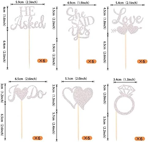 36 Pack He Asked She Said Yes Cupcake Toppers Glitter Love Heart I do Ring Bridal Shower Cake Food Picks Decorations for Wedding Engagement Theme Party Supplies Silver
