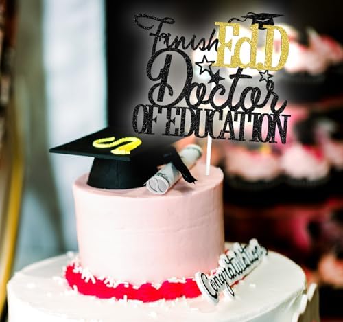 Finally Ed.D Doctor of Education Cake Topper, Congrats Ed.D, PHD/DR Degree Graduation Party Decorations, Black and Gold Glitter