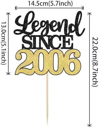 1 PCS Legend Since 2006 Cake Topper Black Gold Glitter Twenty Happy 20th Birthday Cake Pick Hello 20 Cheers to 20 Years Cake Decoration for 20th Birthday Anniversary Party Decorations Supplies