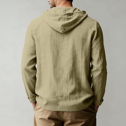 Mens Linen Shirts Long Sleeve Henley Casual Lightweight Cotton Hoodie Top Summer Fashion Loose Beach Vacation Clothes