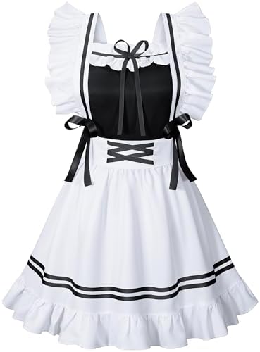 Classic French Maid Costume Apron Fancy Dress Cosplay Outfit Headwear Gloves Socks Set