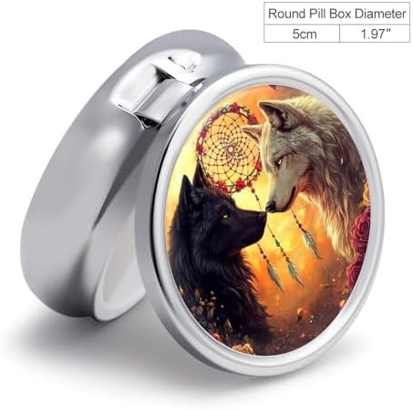 Black and White Wolf Dream Catcher Round Pill Case Mini Pill Box Pill Container Travel Medicine Organizer for Women Men