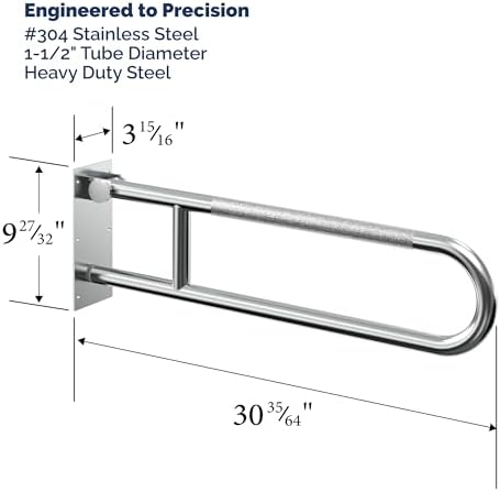 Swing Up Wall Mounted Grab Bar - 500 lbs Capacity Flip-Up Handicap Toilet Safety Rails for Seniors, Stainless Steel, Textured Grip, ADA Compliant Bathroom Grab Bar - 30" Length, Brushed Steel, Peened