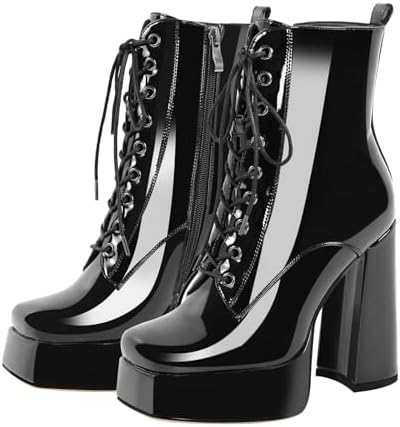 richealnini Sparkly Metallic Ankle Boots for Women Platform Heel Front Lace Up Block Heels Side Zip Up Short Booties