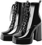 richealnini Sparkly Metallic Ankle Boots for Women Platform Heel Front Lace Up Block Heels Side Zip Up Short Booties