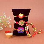 SATVIK Combo Set of 4 - Rakhi Family (1 Bhaiya +1 Bhabhi Lumba + 2 Rakhi for Brother Bhabhi Traditional Handmade Designer Rakhi with Puja Plate, Roli Chawal, Greeting Card & Sita-Ram Sticker