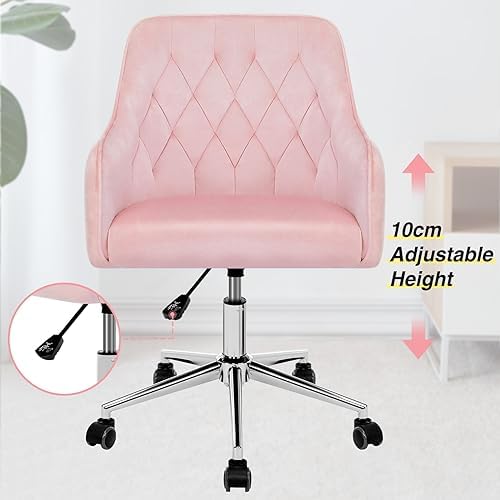 VANSPACE Velvet Desk Chair Vanity Chair for Makeup with Wheels and Back Home Office Chair Adjustable Rolling Swivel Chair for Bedroom Vanity Room Pink