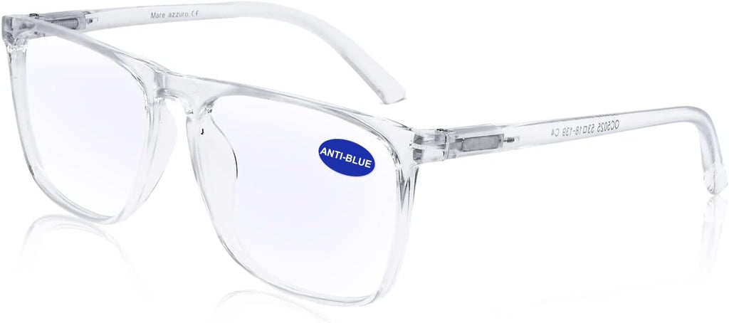 MARE AZZURO Blue Light Blocking Reading Glasses Men Large Square Computer Readers 100 125 150 175 200 225 250 275 300 350 (Transparent 2.0)
