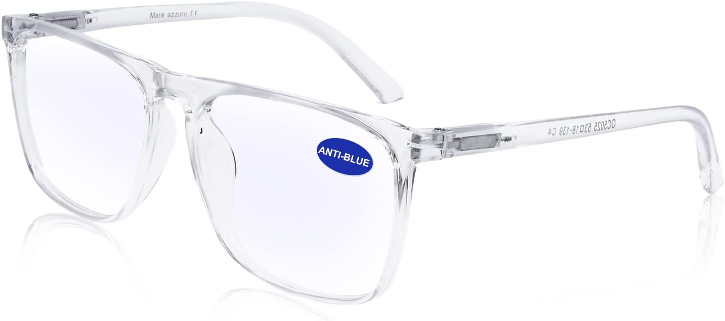 MARE AZZURO Blue Light Blocking Reading Glasses Men Large Square Computer Readers 100 125 150 175 200 225 250 275 300 350 (Transparent 2.0)