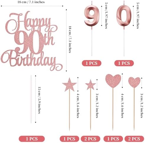 90th Birthday Cake Toppers, 90th Birthday Candles Numeral Candles and Glitter Cake Decorations Toppers Set for Party Supplies (Rose Gold)