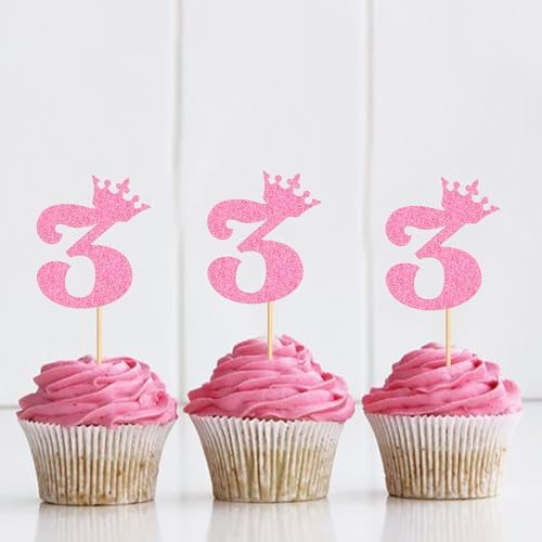 Ercadio 24 Pack Number 3 Cupcake Topper 3rd Birthday Cupcake Picks Glitter Pink Crown Cupcake Decorration Cheers to 3 Anniversary for Baby Shower Weeding Princess Girl Party Cake Supplies