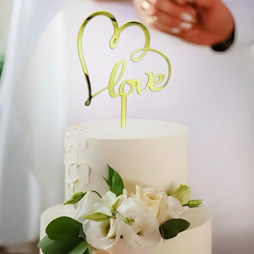 Gold Acrylic Love Cake Topper-Heart with Love Wedding Cake Topper Decorations for Valentine's Day/Baby Shower/Bridal Shower/Anniversary/Wedding Party Decorations
