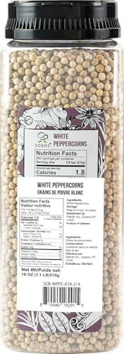 Soeos White Peppercorns, 18oz (Pack of 1), Non-GMO, Kosher, Packed to Keep Peppers Fresh, Peppercorn for Grinder Refill, Whole Peppercorns