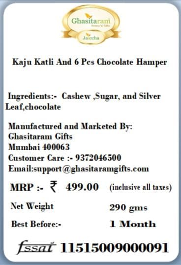 Ghasitaram Gifts Indian Sweets - Diwali Hampers- Kaju Katli And 6 Pcs Chocolate Hamper