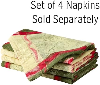 Lintex Golden Mistletoe and Ribbon Christmas Cotton Jacquard Fabric Napkins, Evergreen Mistletoe Red Ribbon Berry Woven Holiday Xmas Easy Care Cotton Weave Napkin Set, Set of 4 Napkins
